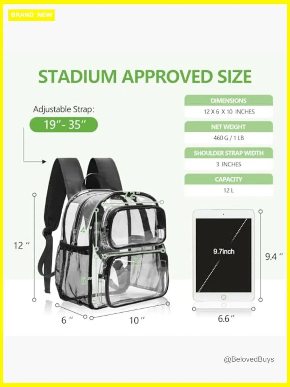 Clear Backpack Stadium Approved 12x10x6 with Padded Straps